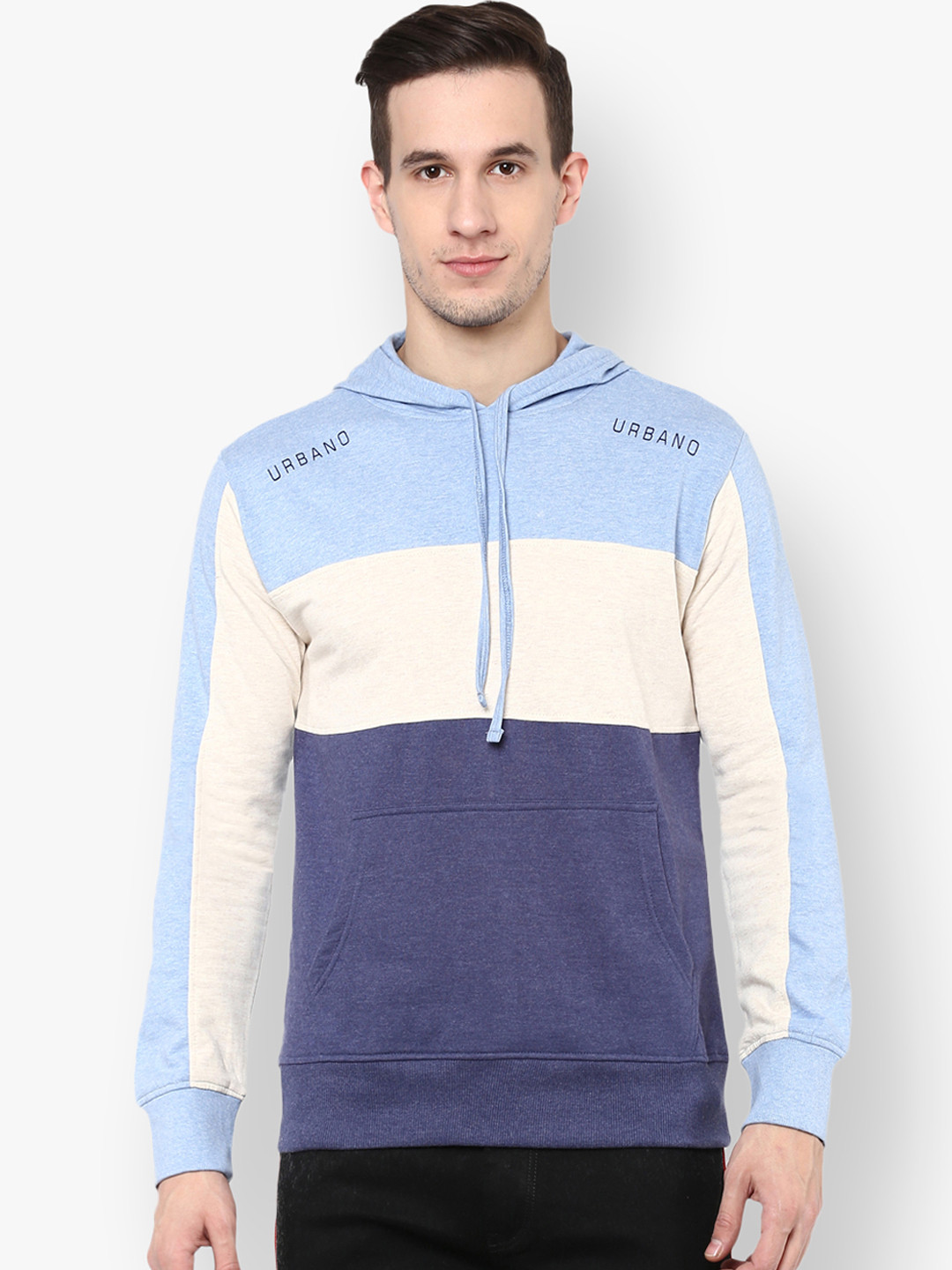 

Urbano Fashion Men Blue & White Colourblocked Hooded Sweatshirt