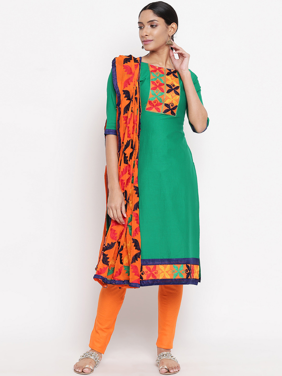 

mf Green & Orange Embroidered Unstitched Dress Material