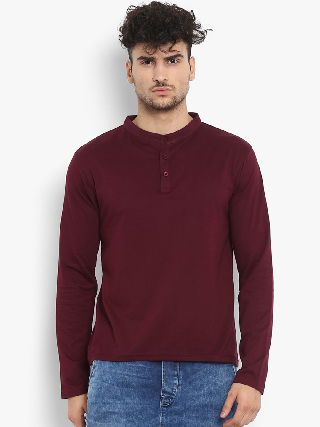 

appulse Men Maroon Solid Mandarin Collar T-shirt