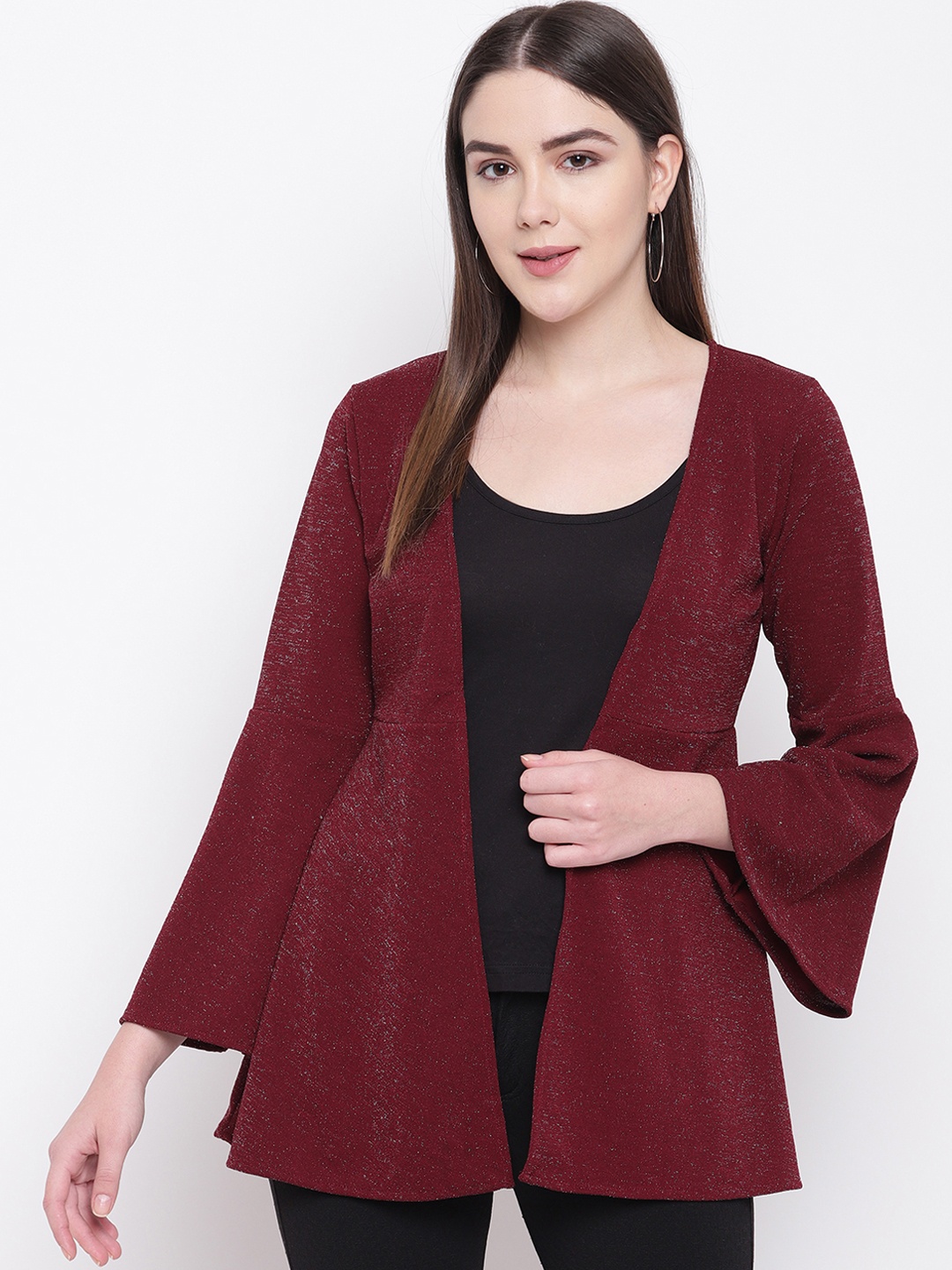 

RIVI Women Burgundy Solid Open Front Shrug