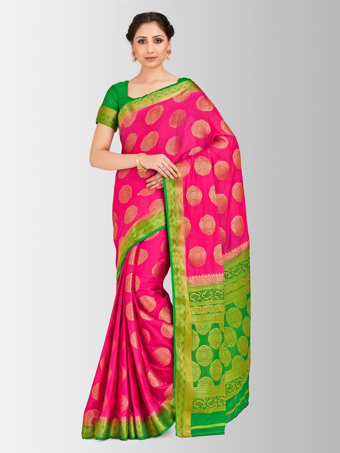 

MIMOSA Pink & Green Poly Crepe Woven Design Mysore Silk Saree