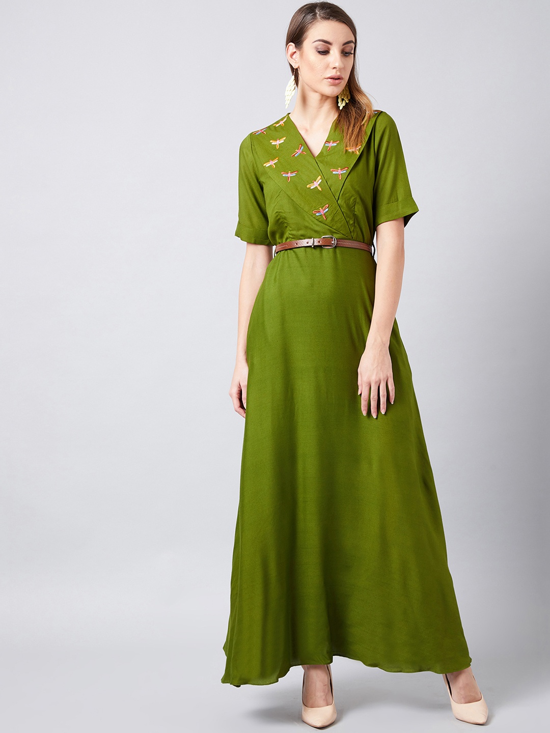 

Athena Women Olive Green Solid Maxi Dress