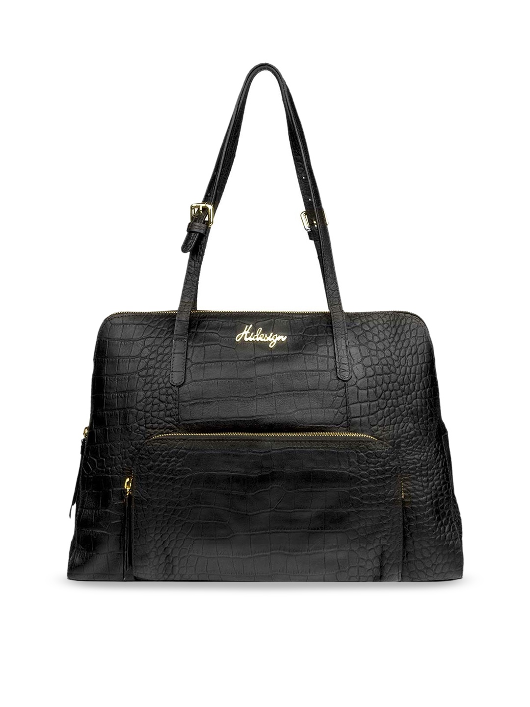 

Hidesign Black Crocodile Skin Textured Leather Shoulder Bag