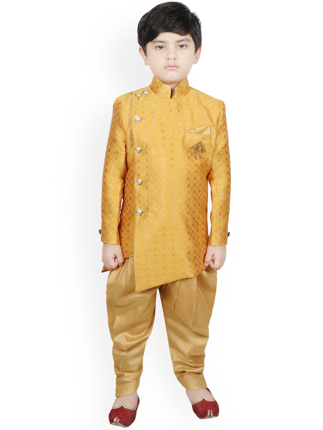 

SG YUVRAJ Boys Yellow & Gold-Toned Self-Designed Silk Sherwani