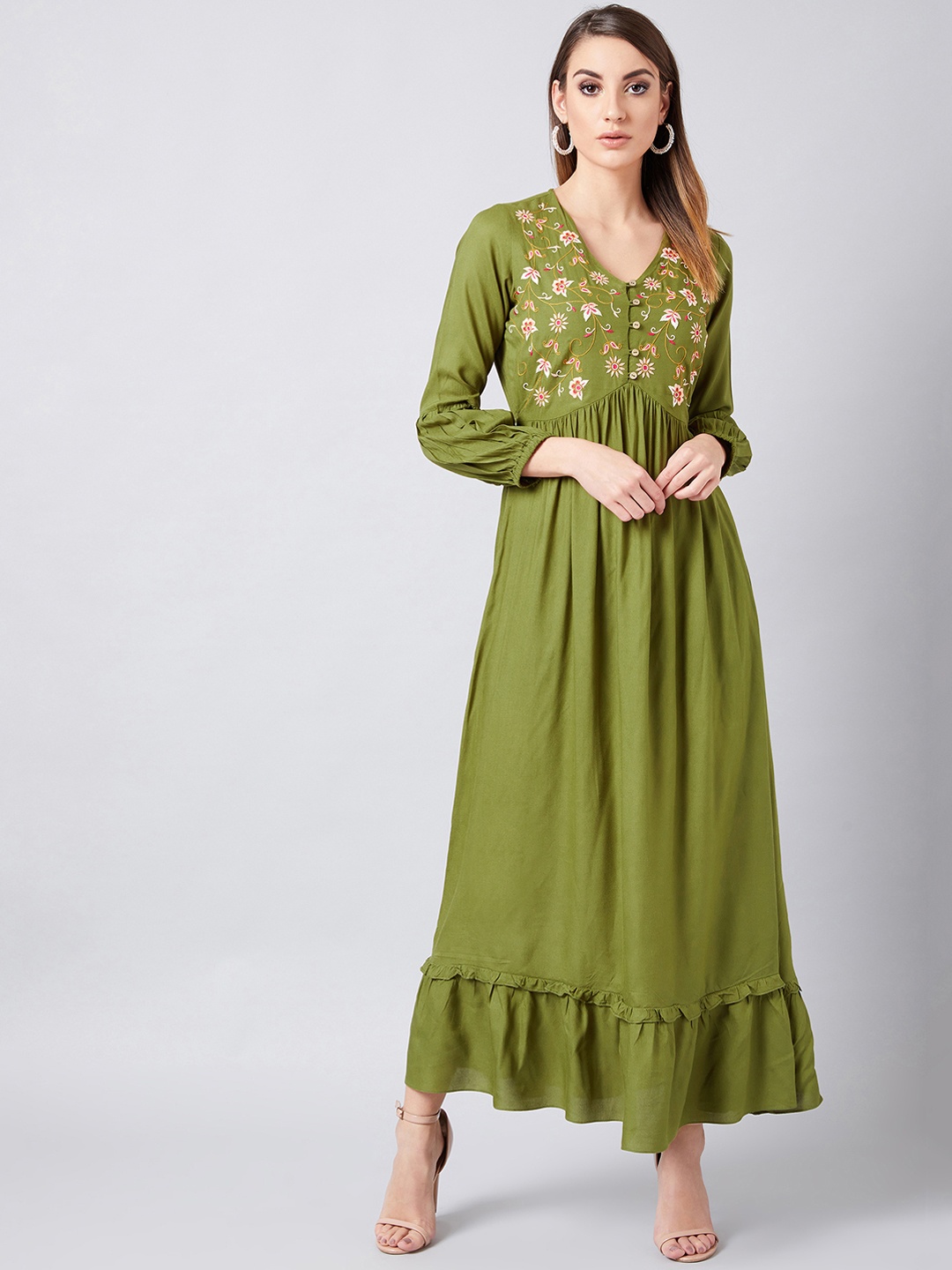 

Athena Women Olive Green Embroidered Maxi Dress