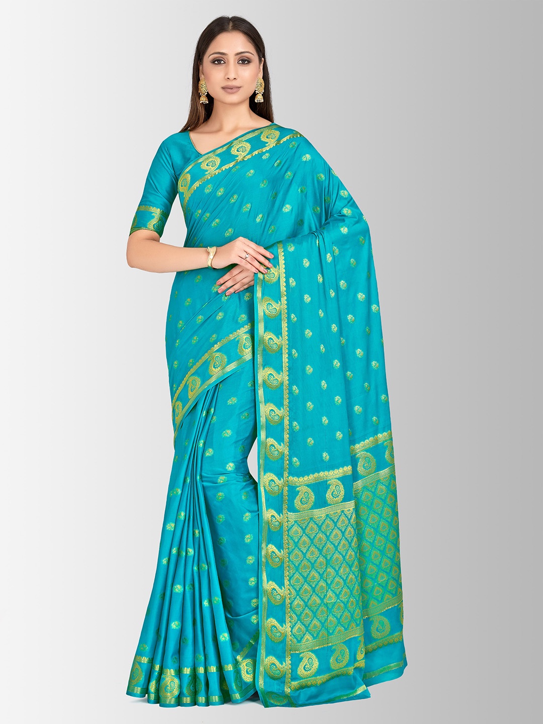 

MIMOSA Turquoise Blue Poly Crepe Woven Design Mysore Silk Saree