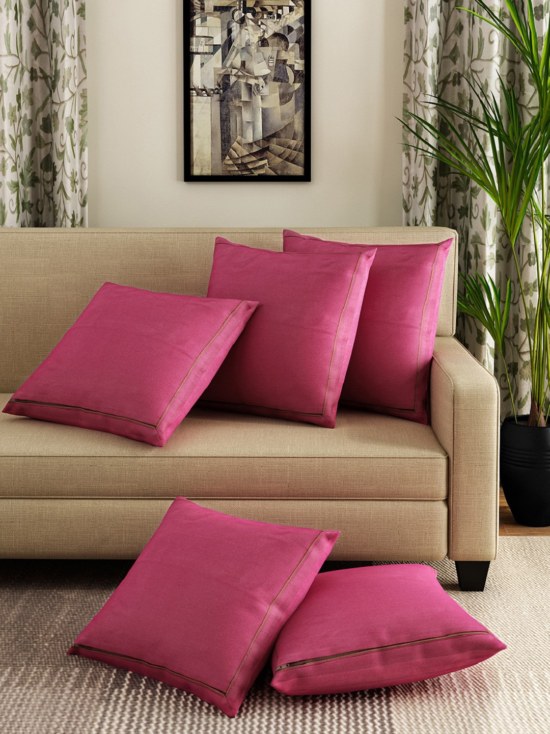 

SWAYAM Magenta Set of 5 Solid Square Cushion Covers