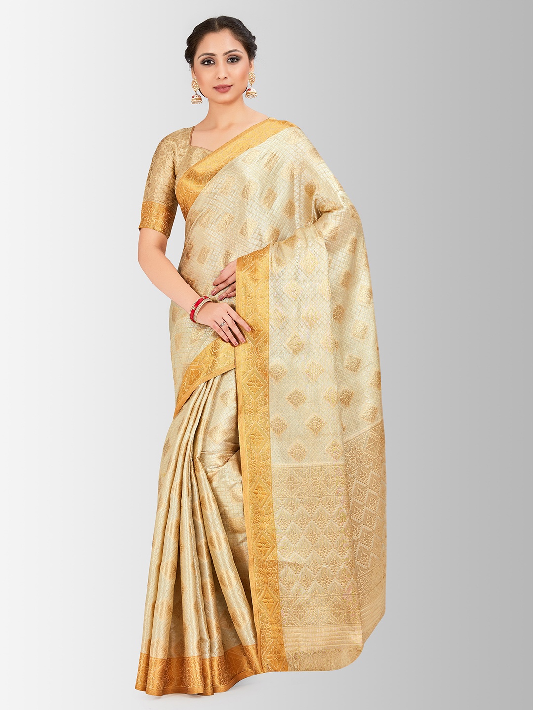 

MIMOSA Beige & Gold-Toned Art Silk Woven Design Kanjeevaram Saree