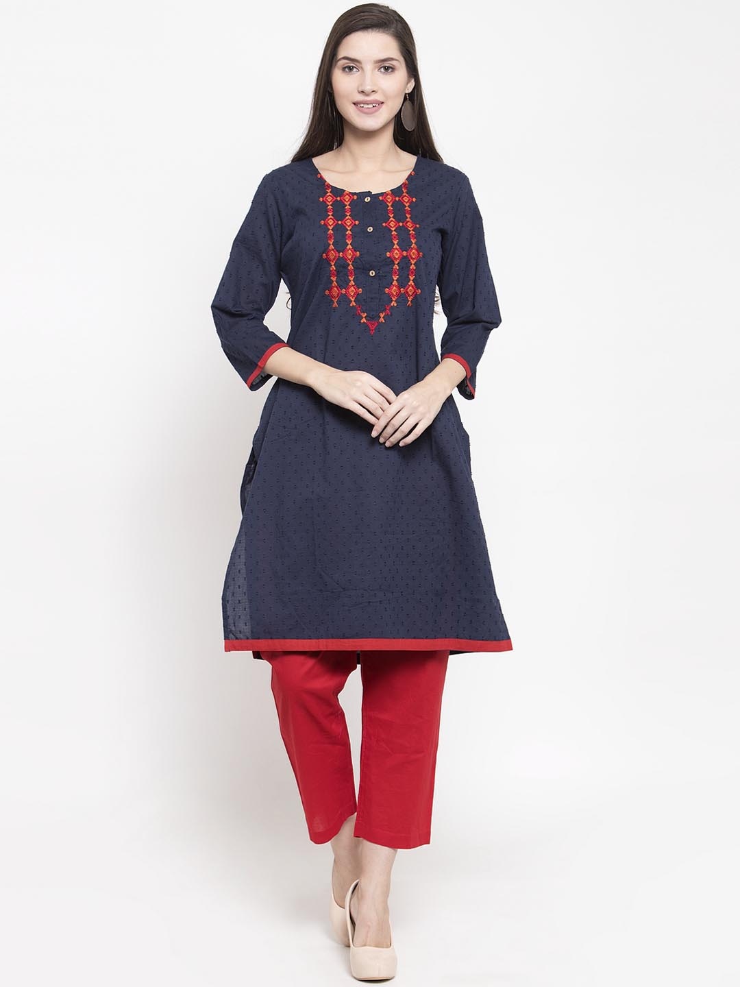 

WESTCLO Women Blue & Red Embroidered A-Line Pure Cotton Kurta