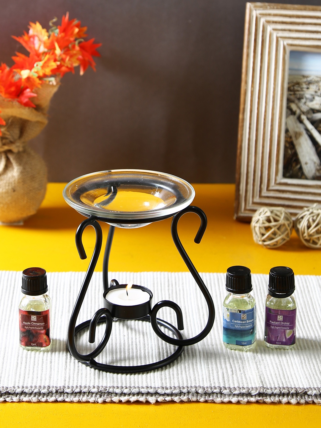

HOSLEY Black & Transparent Aroma Oil Warmer With Essential Oils & Tea Lights
