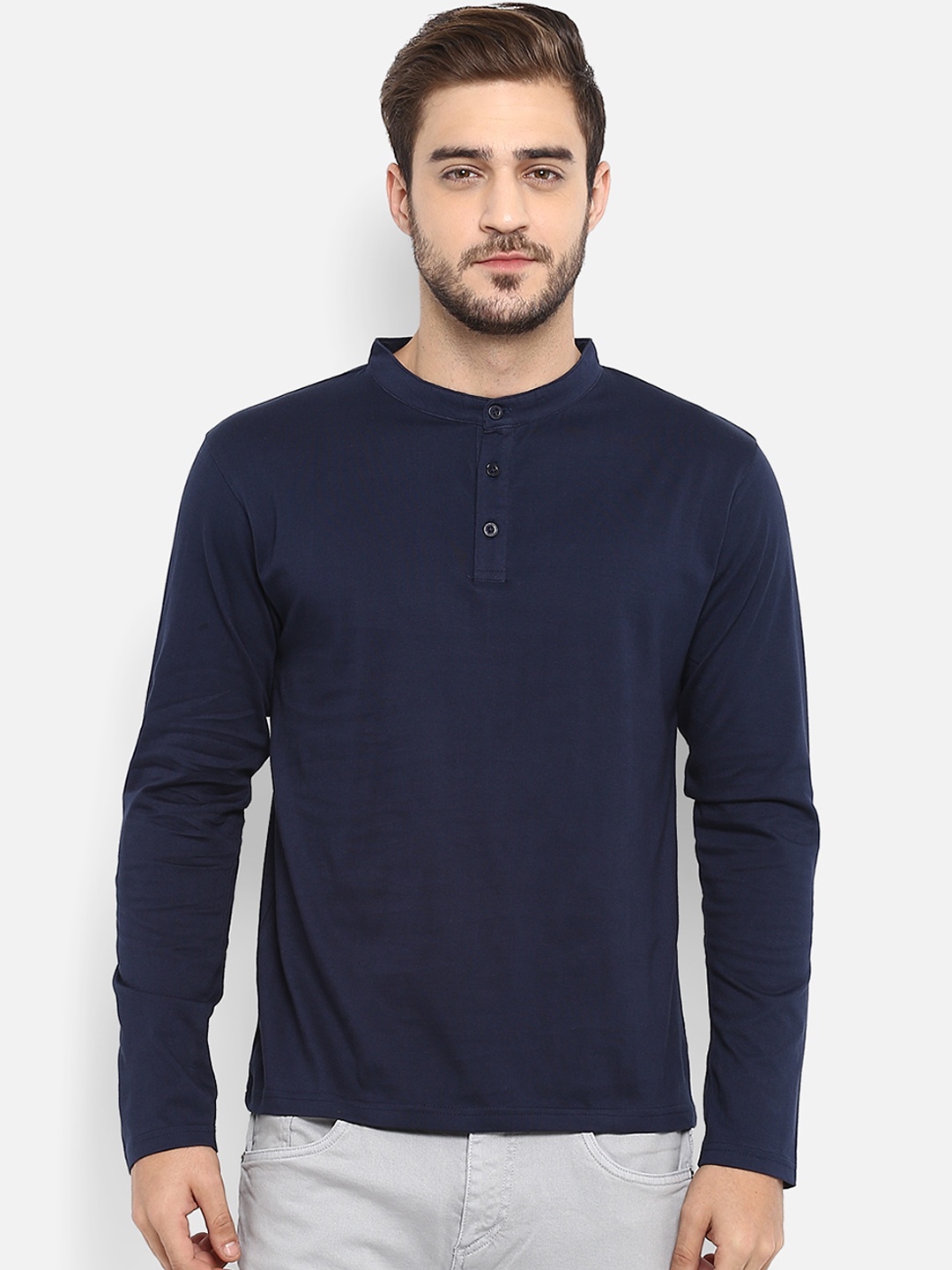 

appulse Men Navy Blue Solid Mandarin Collar T-shirt
