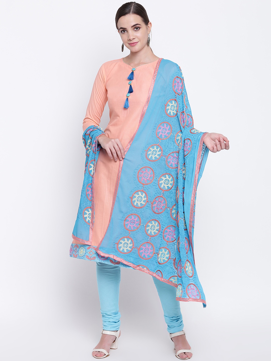 

mf Peach-Coloured & Blue Solid Unstitched Dress Material