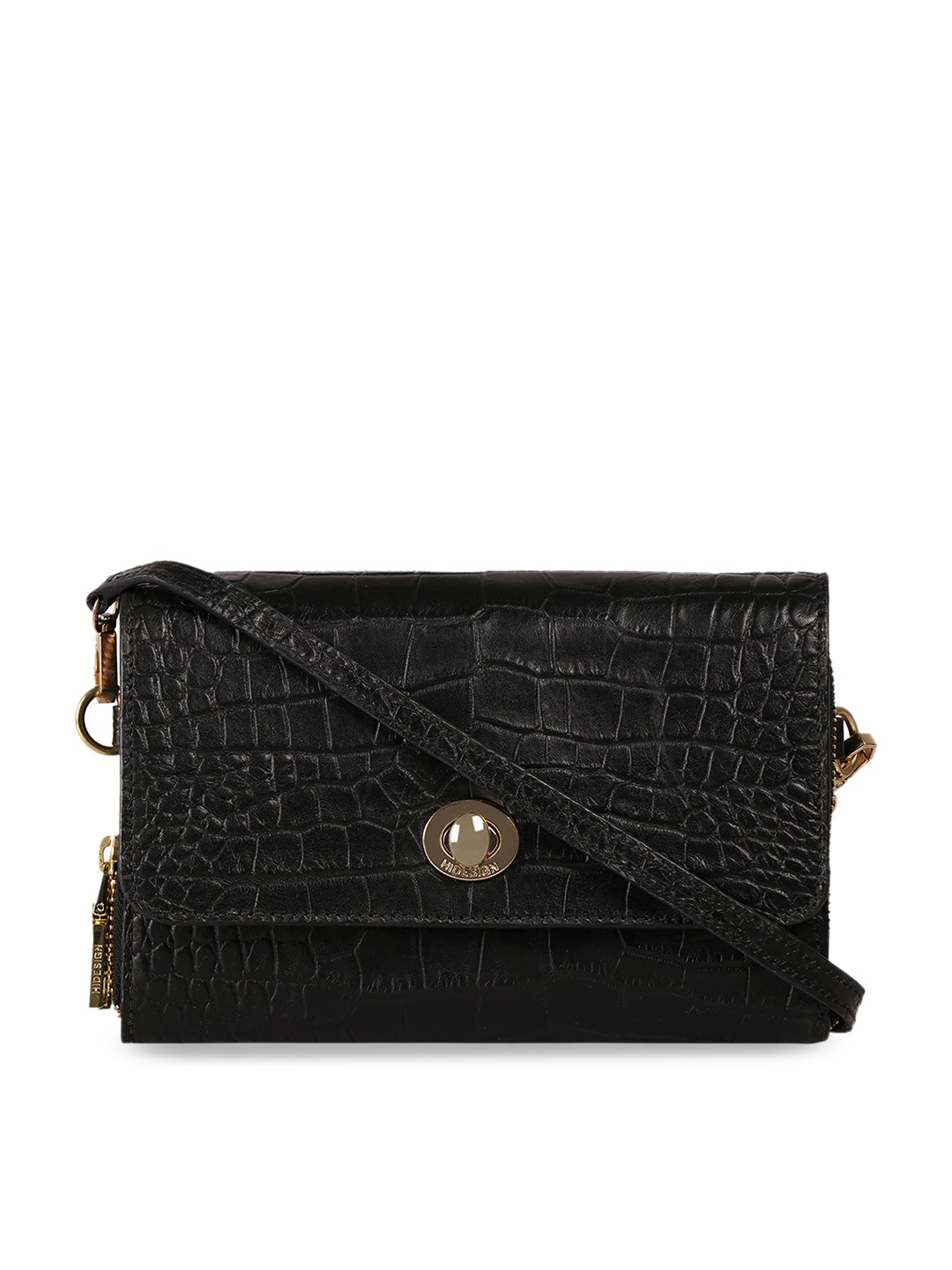 

Hidesign Black Crocodile Skin Textured Leather Sling Bag