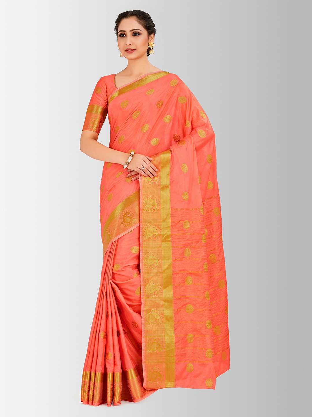 

MIMOSA Peach-Coloured Poly Crepe Woven Design Mysore Silk Saree