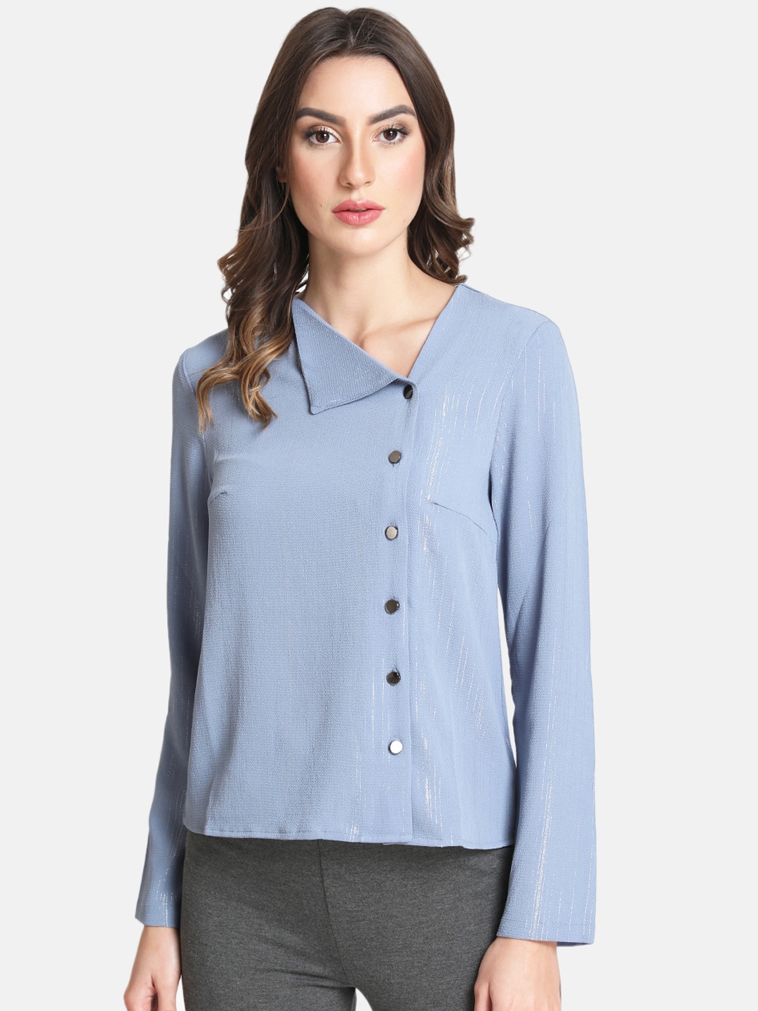 Kazo Women Blue Regular Fit Solid Casual Shirt