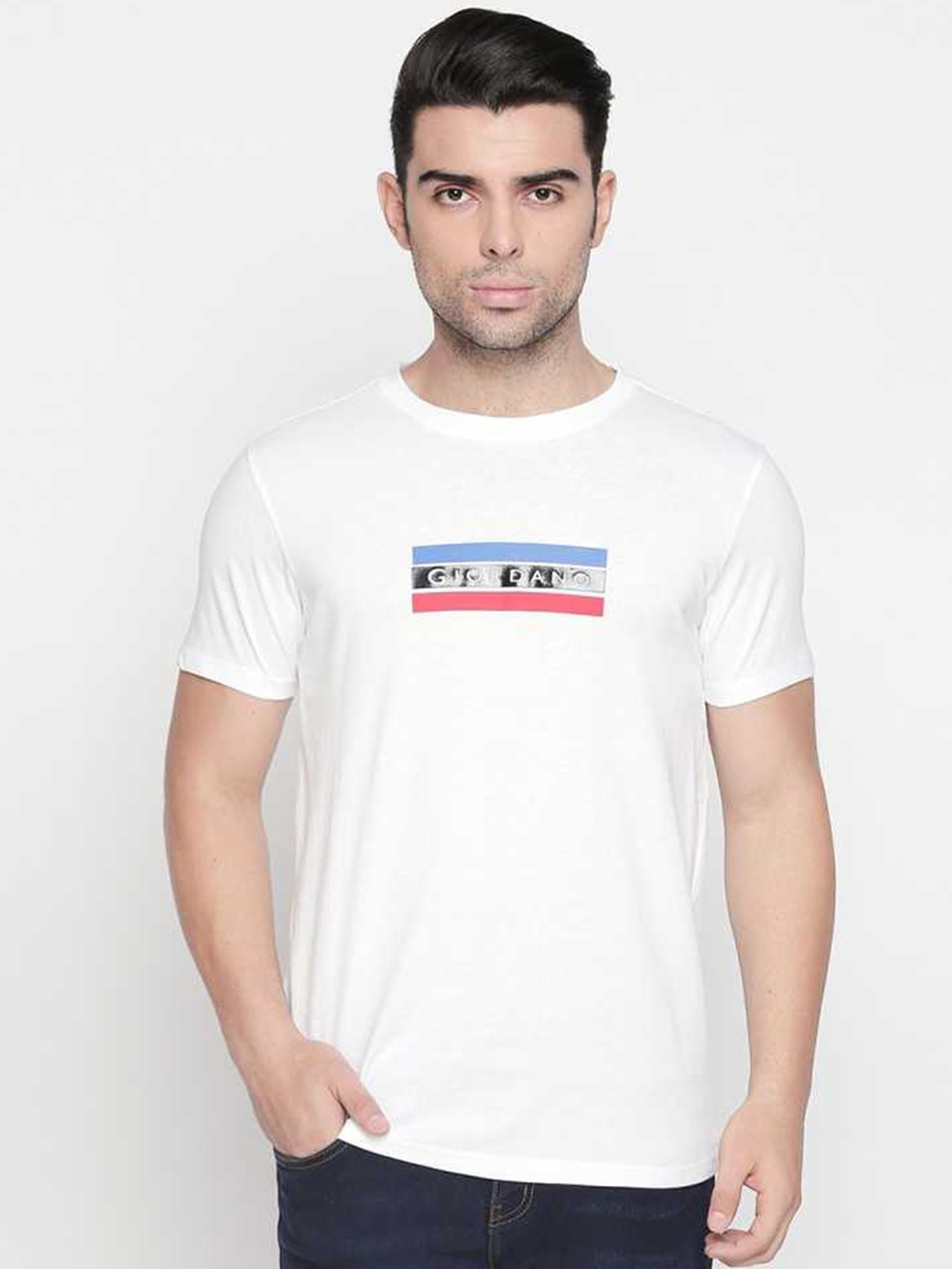 

GIORDANO Men White Solid Round Neck Pure Cotton T-shirt