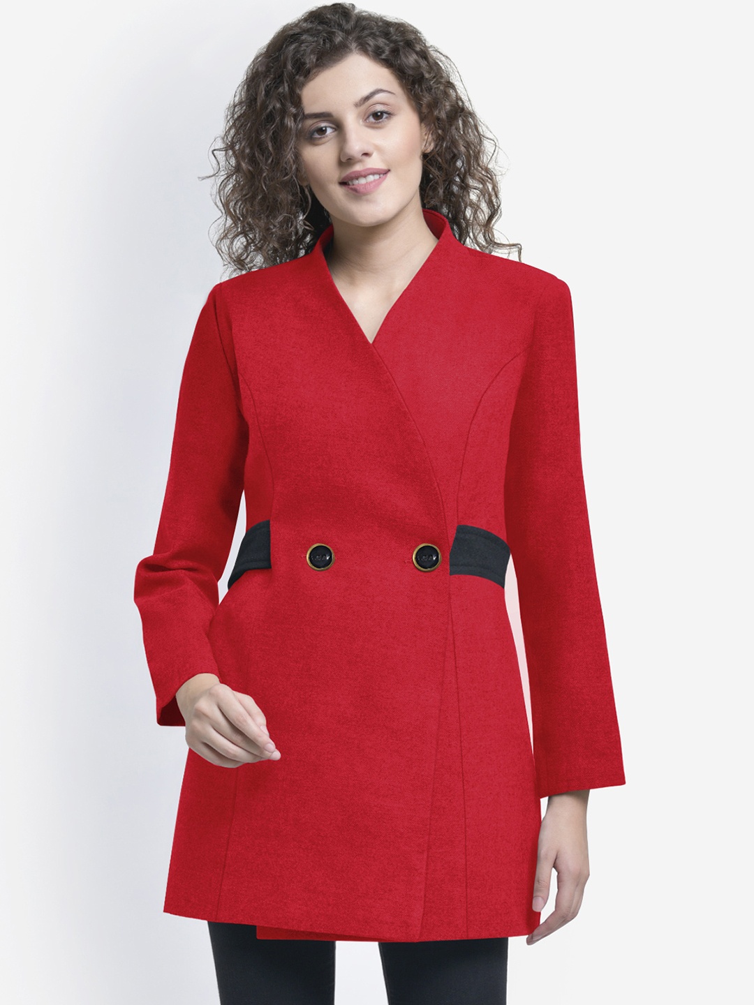 

Martini Women Red & Black Solid Double-Breasted Woollen Pea Coat