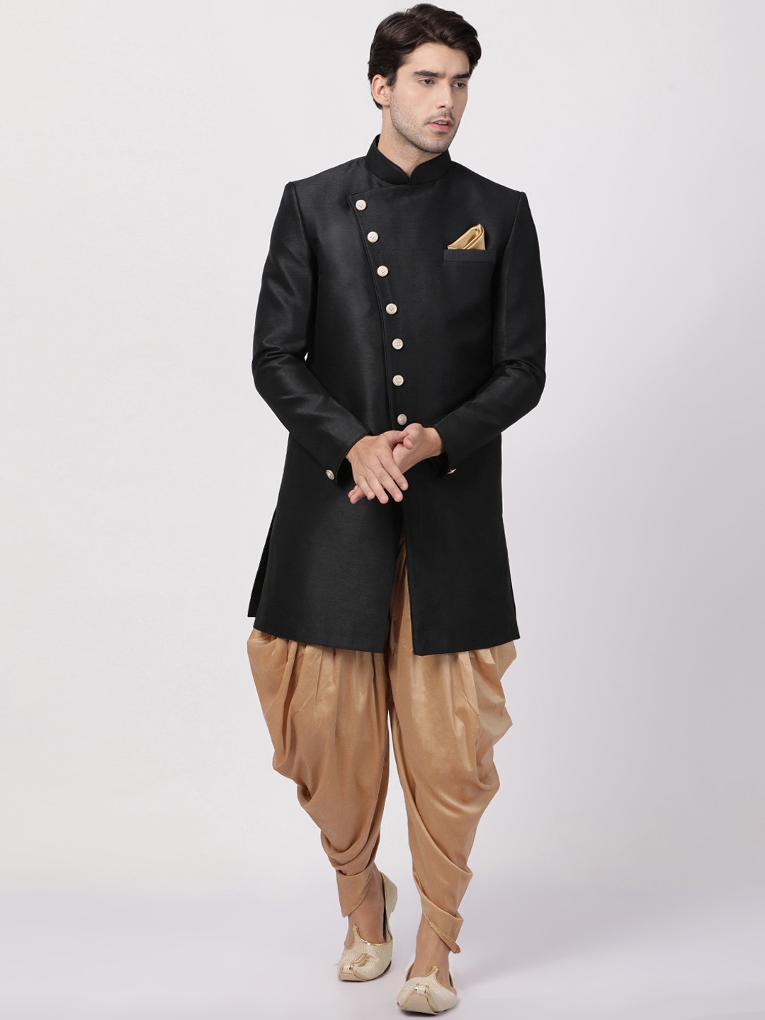 

VASTRAMAY Men Black & Gold-Toned Solid Silk Sherwani With Dhoti Pants