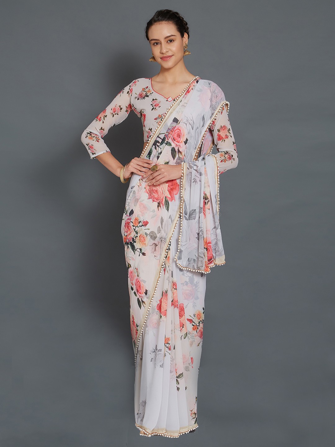 

Mitera Grey & Off-White Poly Georgette Printed Saree