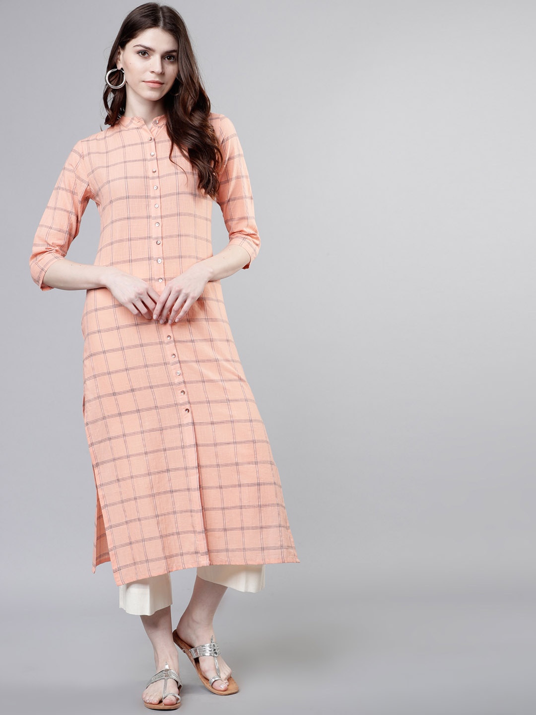 

Vishudh Women Peach-Coloured Checked Straight Kurta