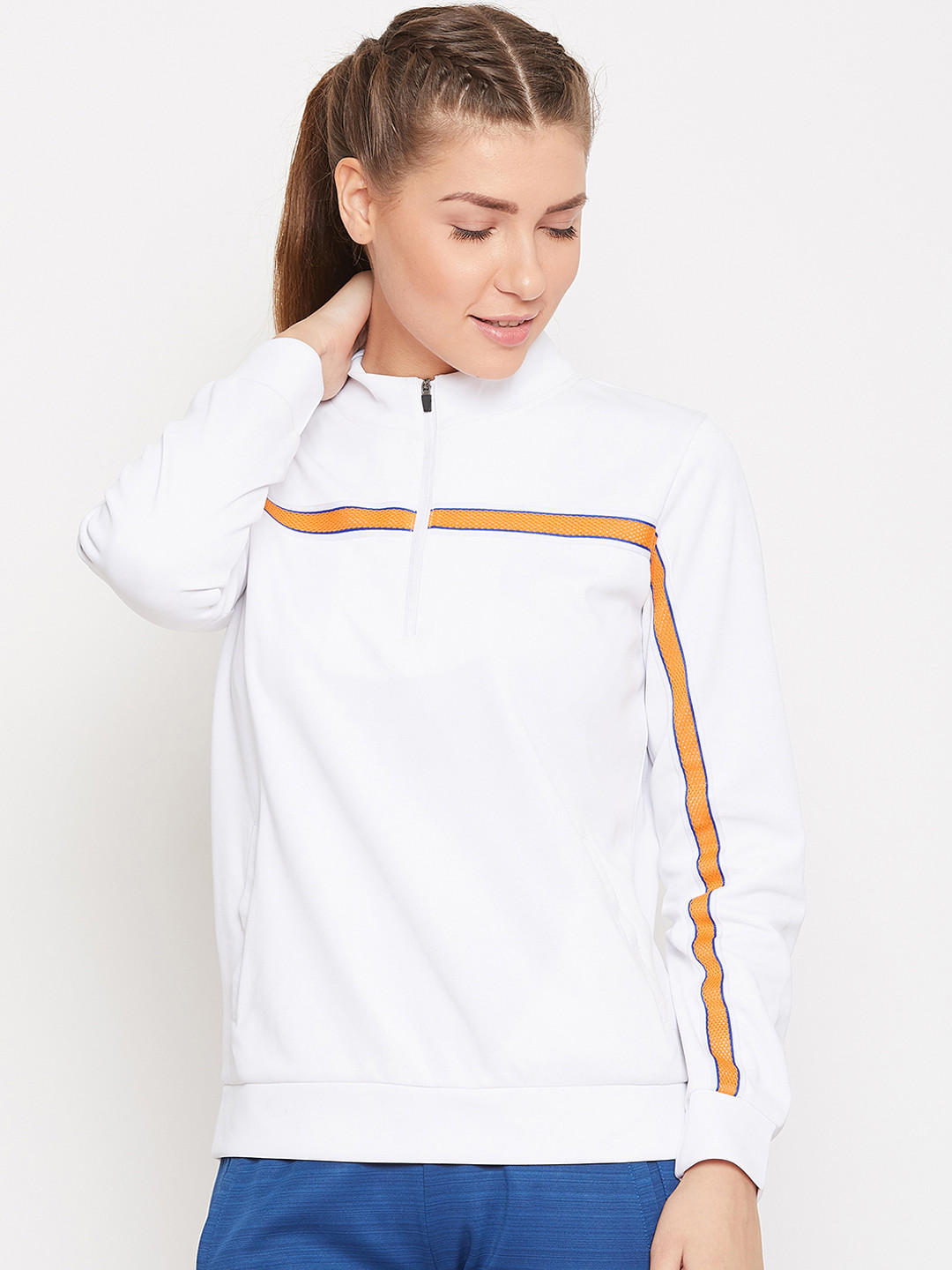 

PERFKT-U Women White & Mustard Yellow Colourblocked Pullover Sweatshirt