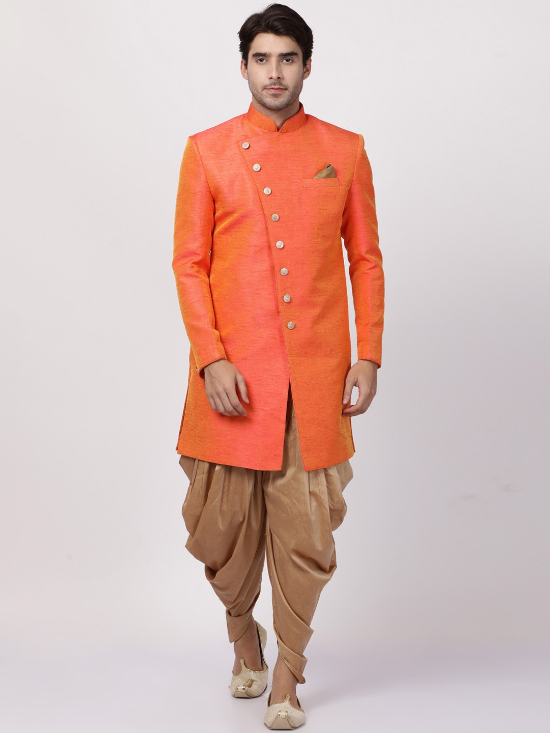 

VASTRAMAY Men Orange & Gold-Toned Solid Silk Sherwani With Dhoti Pants