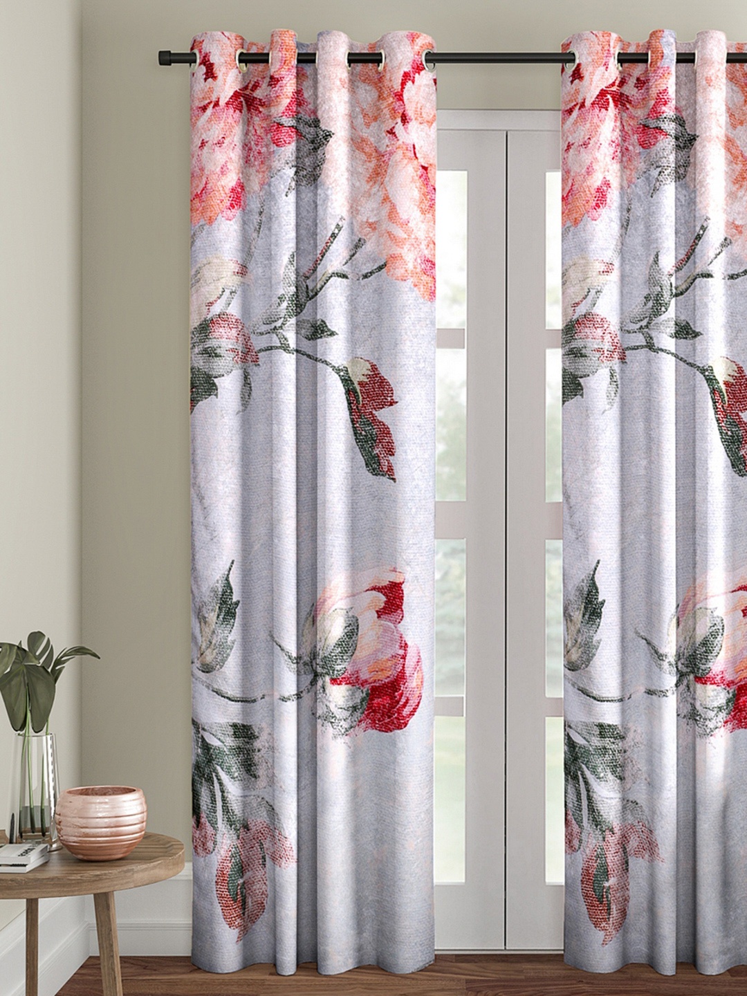 

ROMEE Grey & Peach-Coloured Velvet Finish Floral Print Single Room Darkening Door Curtain