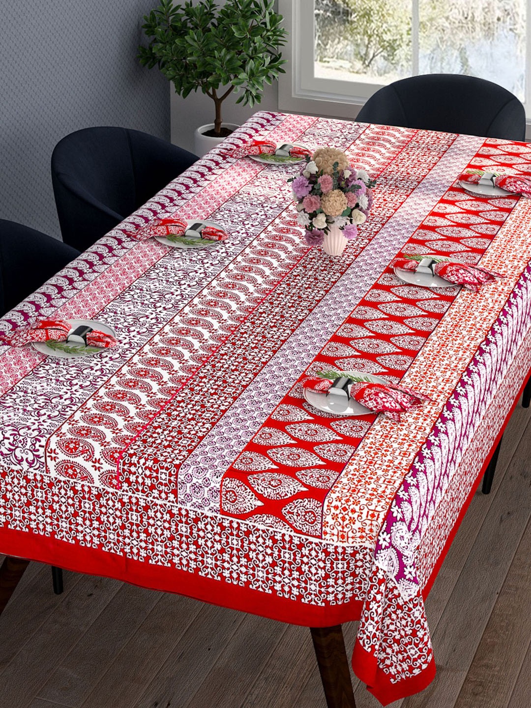 

ROMEE Set of 7 Red & White Printed Cotton Dining Table Cover With Napkins