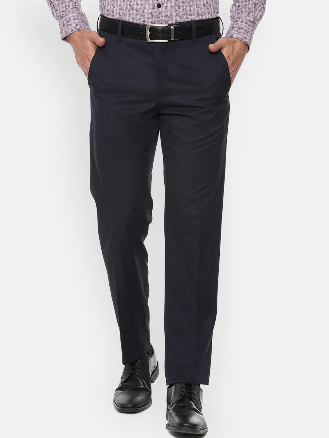 Van Heusen Men Navy Blue Regular Fit Solid Formal Trousers