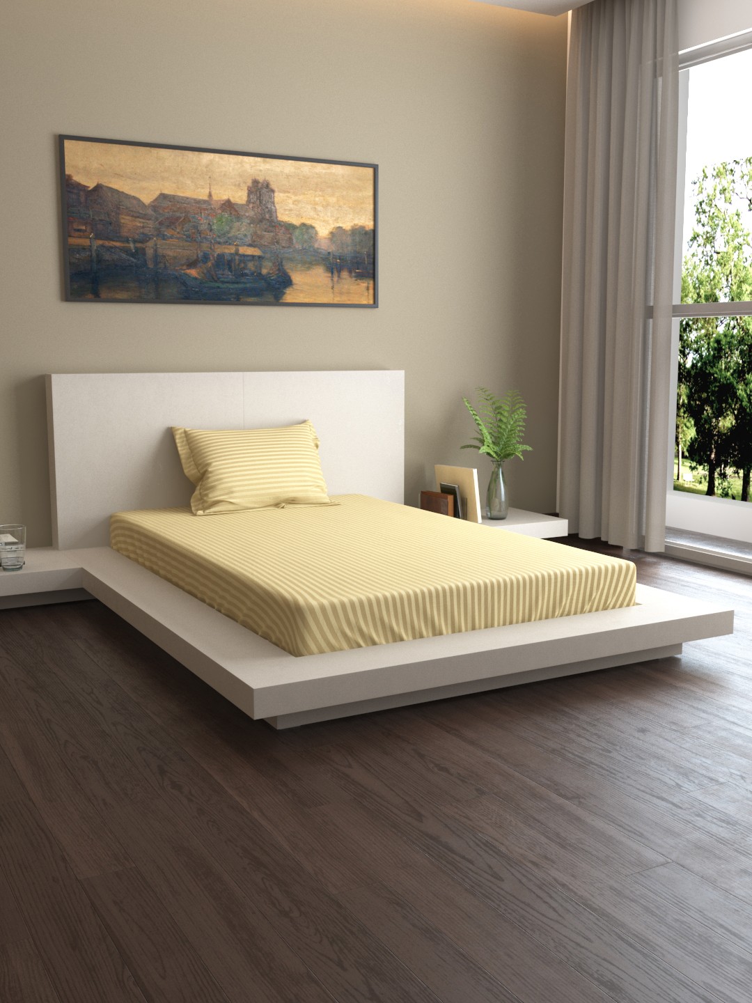 

MARK HOME Beige Striped 400 TC Cotton 1 Single Bedsheet with 1 Pillow Covers