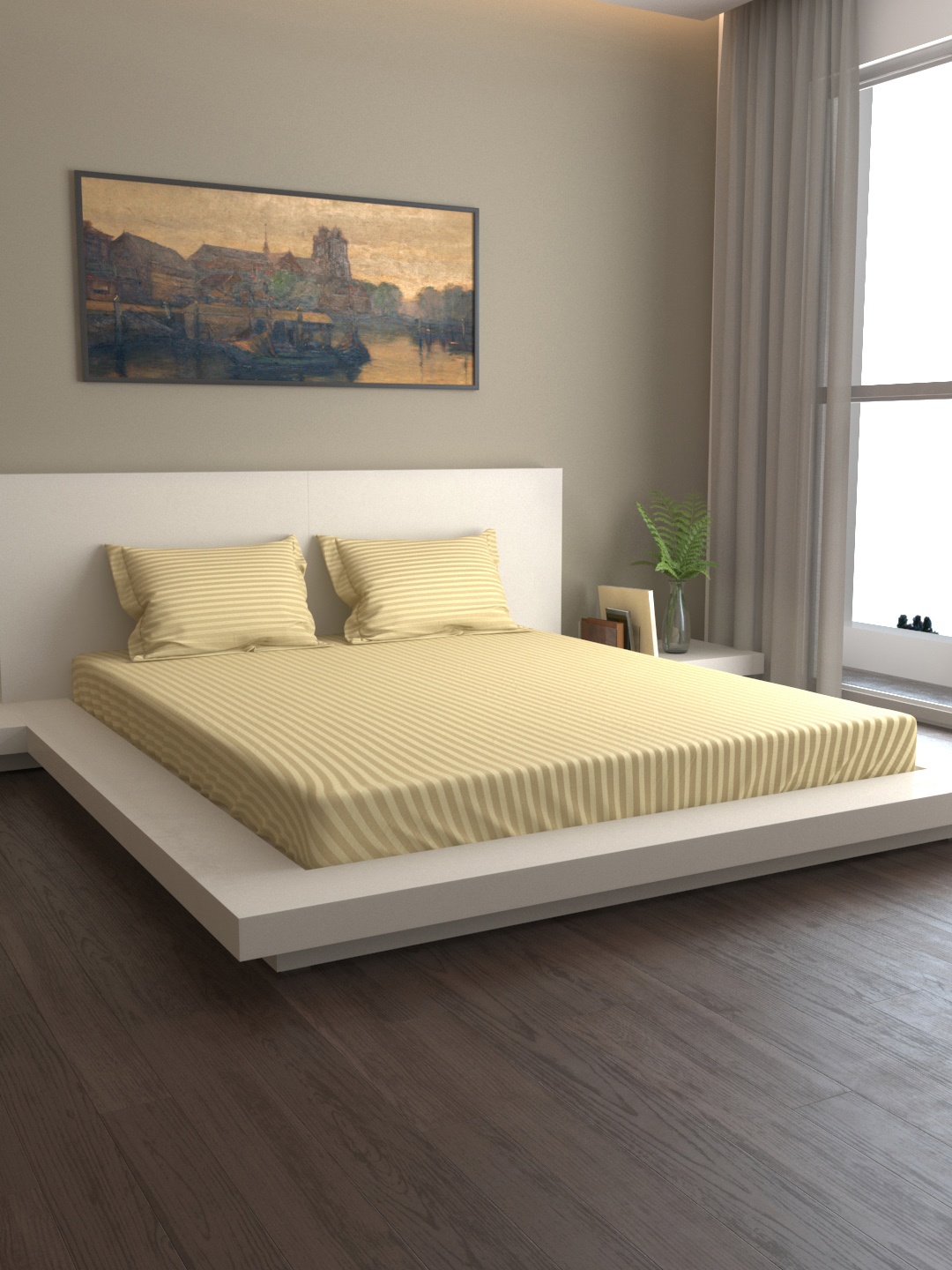 MARK HOME Beige Striped 400 TC Cotton 1 Queen Bedsheet with 2 Pillow Covers