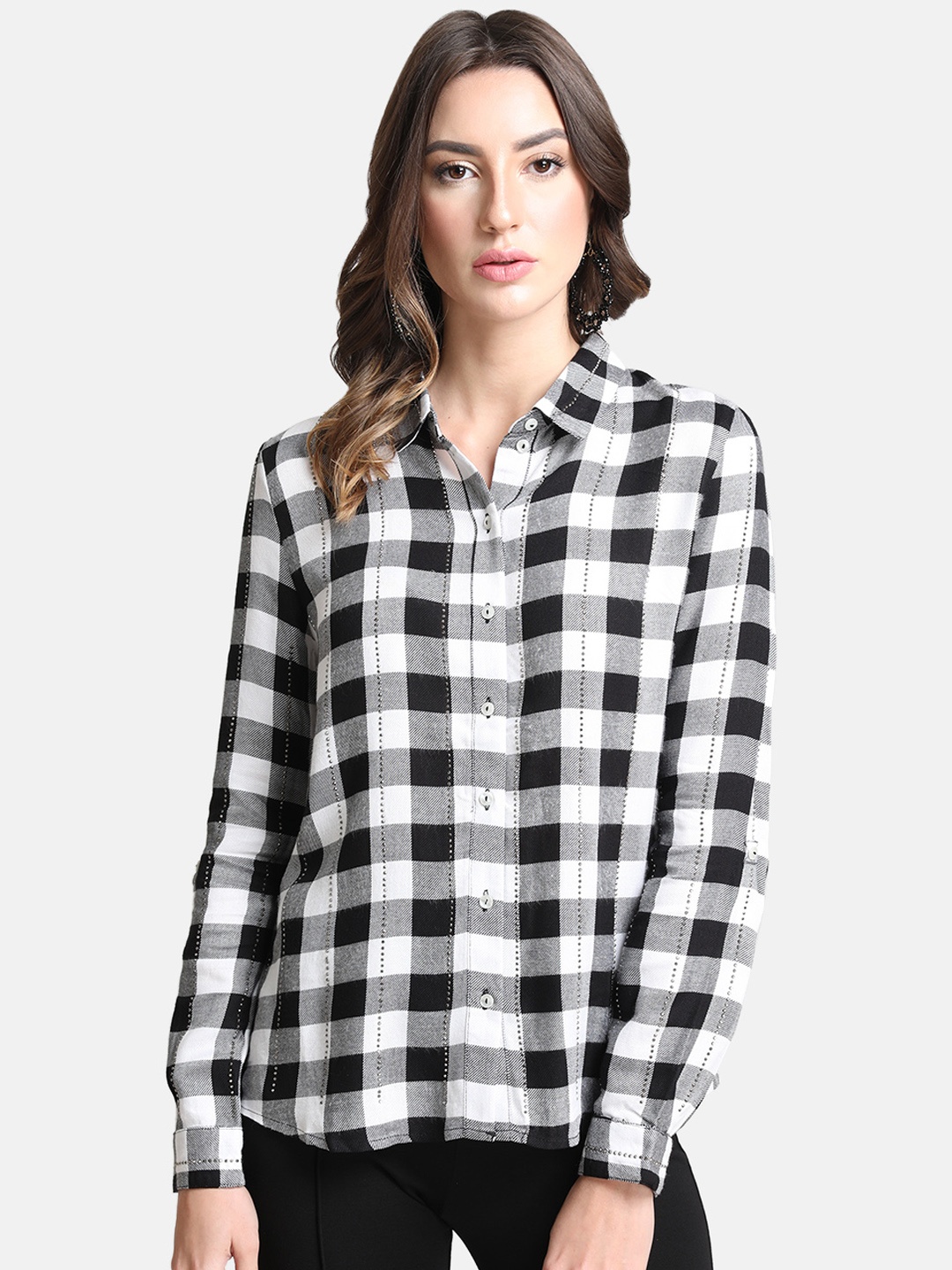 

Kazo Women White & Black Regular Fit Checked Casual Shirt