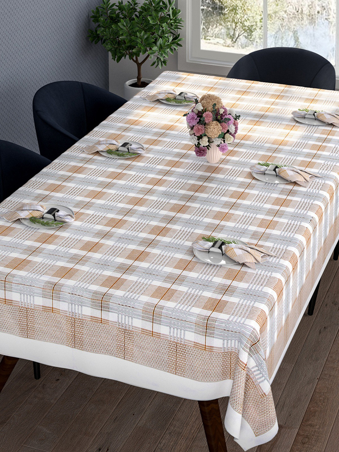 

ROMEE Set of 7 Beige & Grey Cotton Dining Table Cover With Napkins