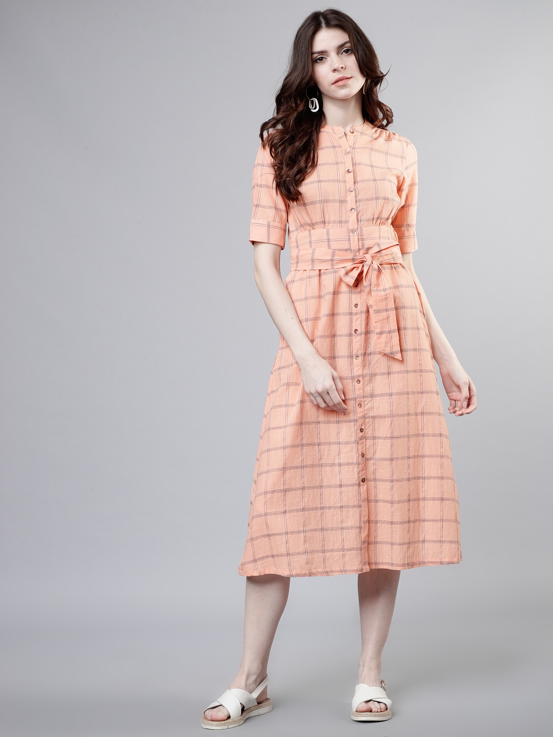 

Vishudh Women Checked Peach-Coloured Fit and Flare Dress