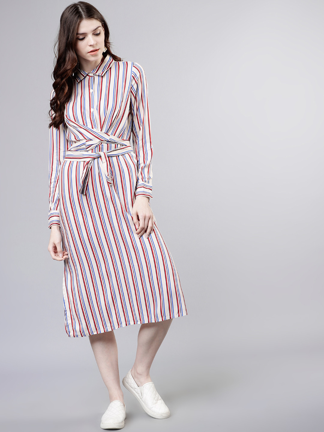 

Tokyo Talkies Women Red & Blue Striped Shirt Dress