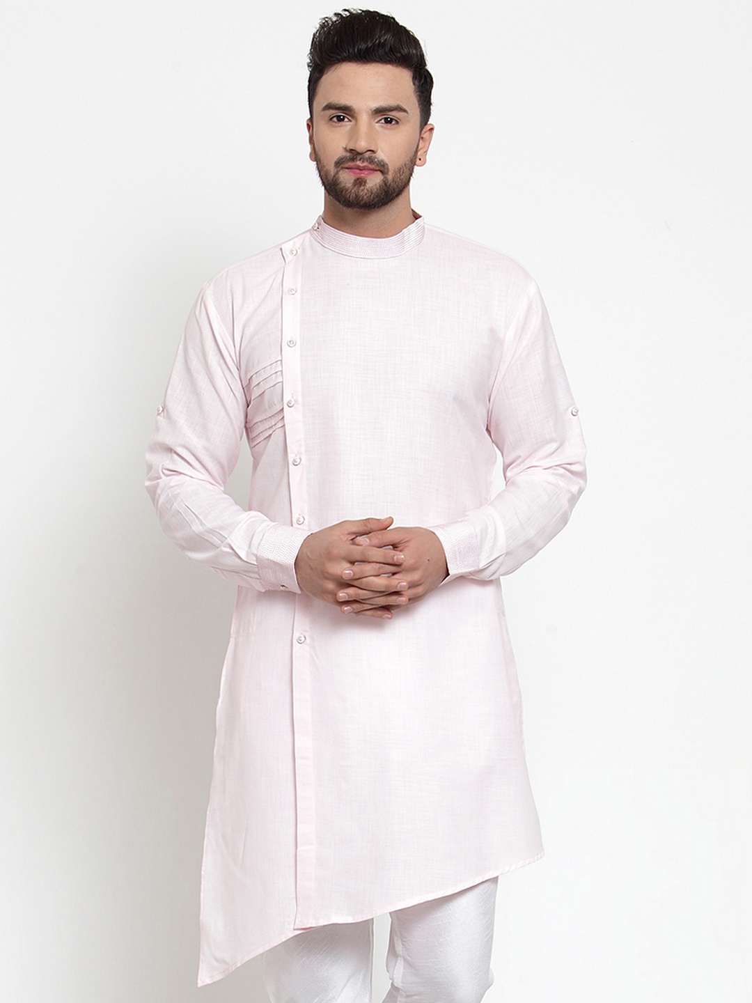 

TREEMODA Men Pink Solid Asymmetric Linen Kurta