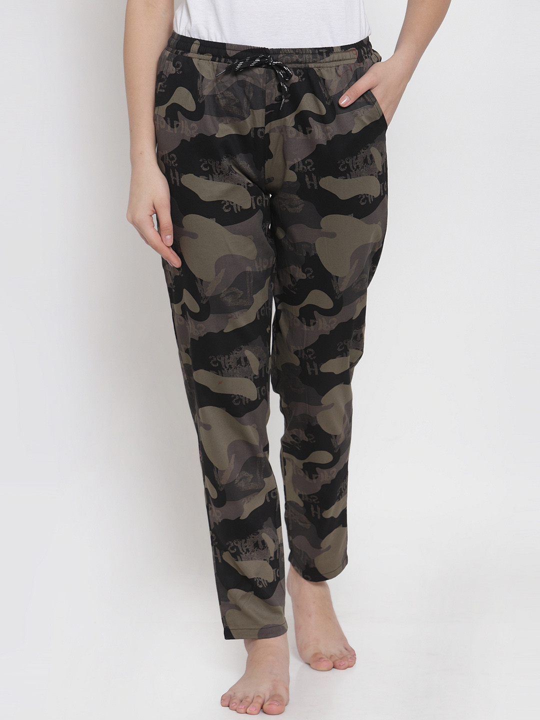 

Boston Club Women Olive Green & Black Camouflage Print Pure Cotton Lounge Pant