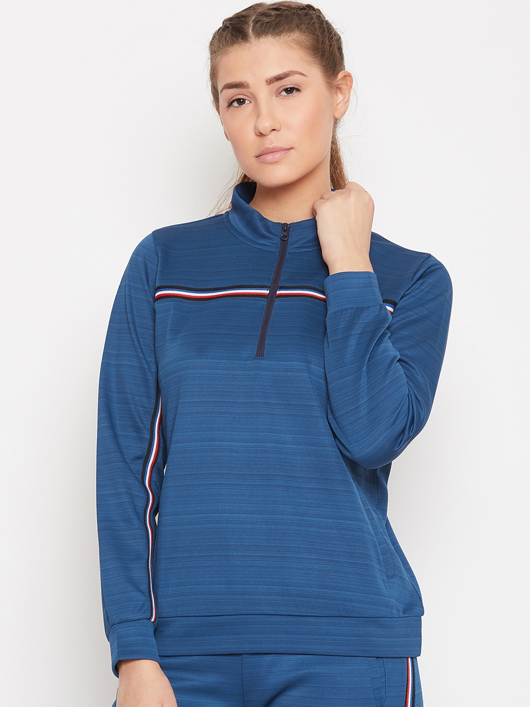 

PERFKT-U Women Blue Striped Pullover Sweatshirt