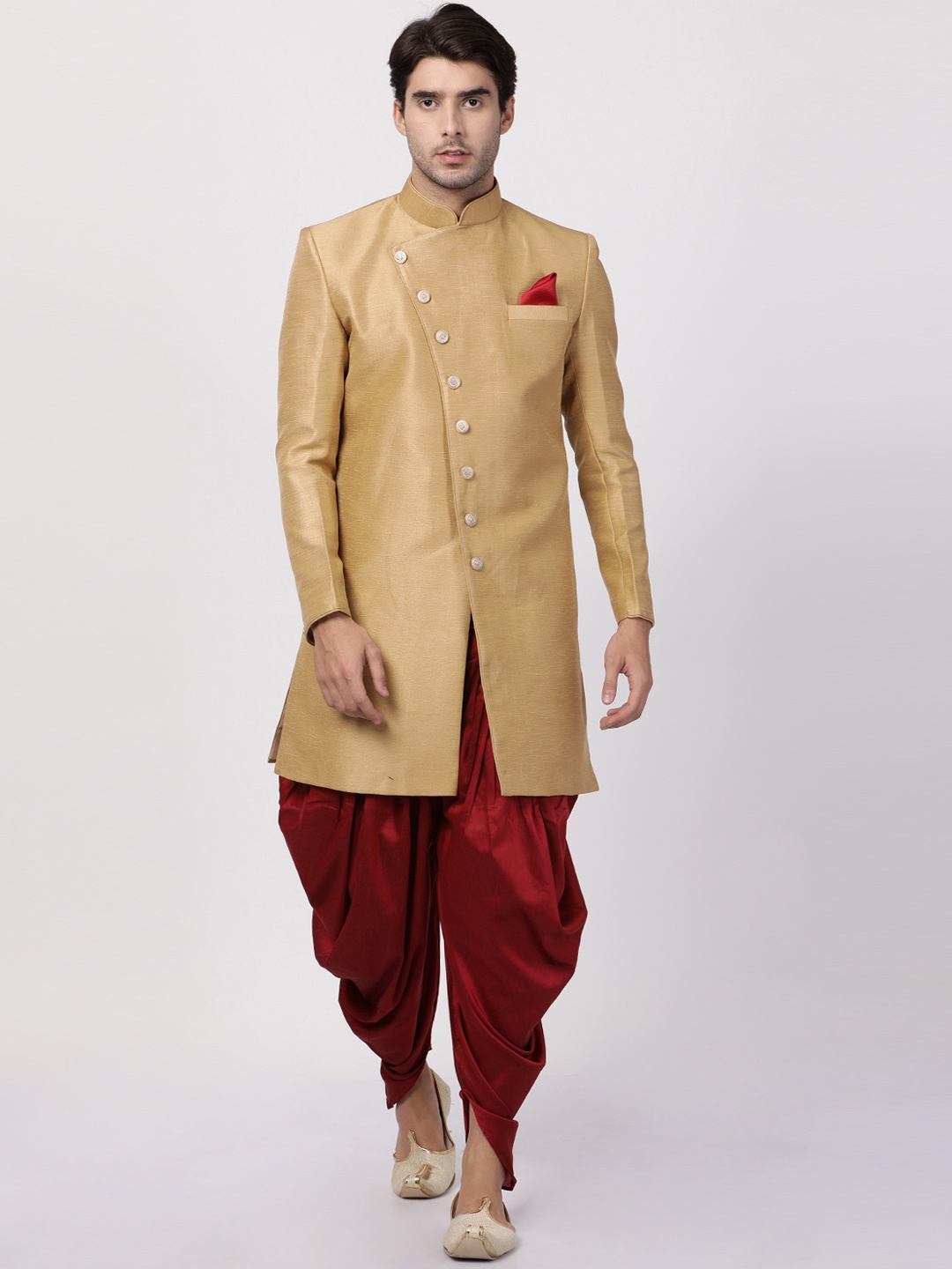 

VASTRAMAY Men Beige & Maroon Solid Silk Sherwani With Dhoti Pants