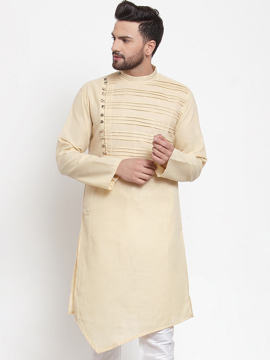 

TREEMODA Men Beige Solid Linen Asymmetric Straight Kurta