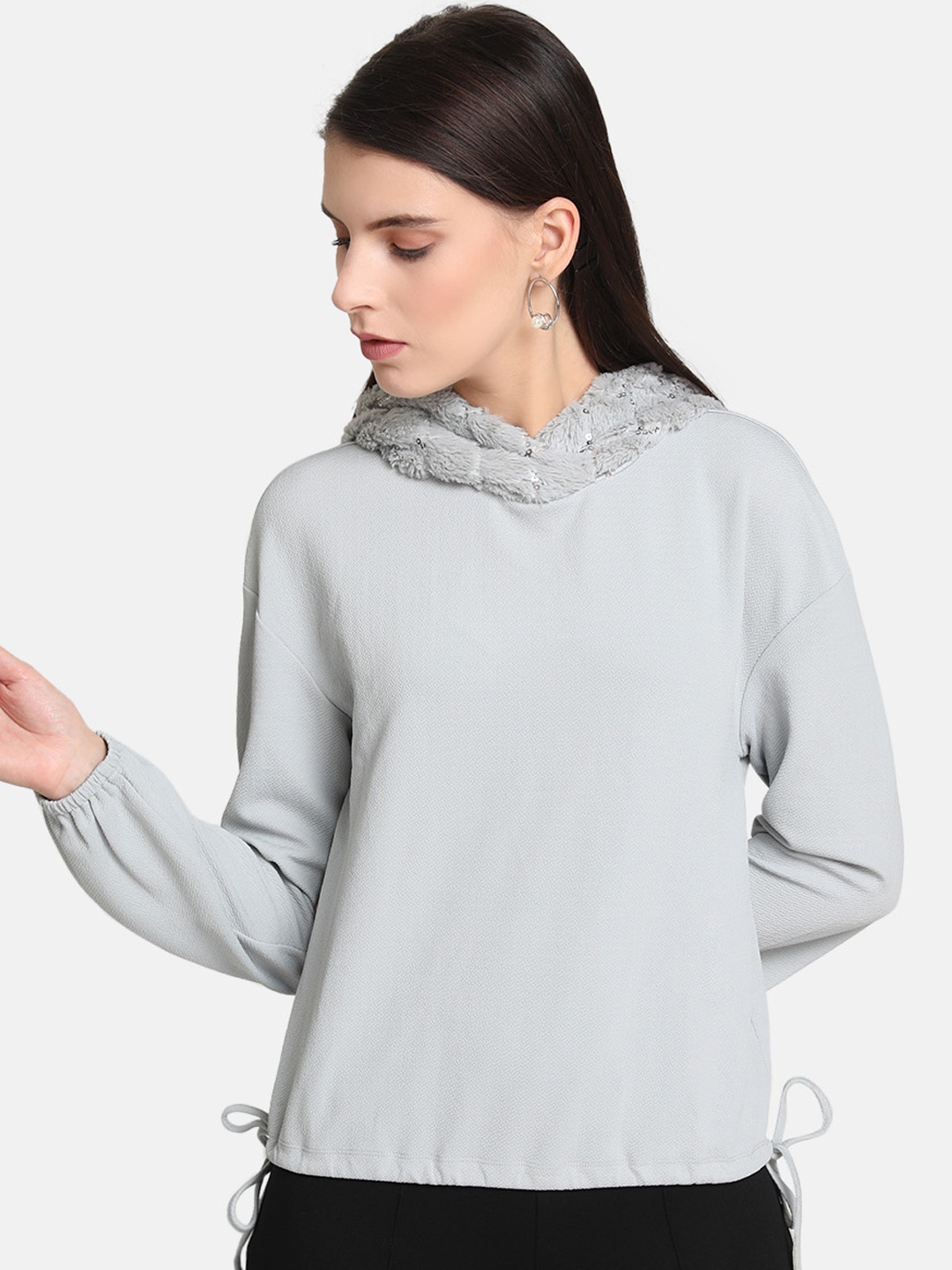 

Kazo Women Grey Solid Hooded Sweatshirt