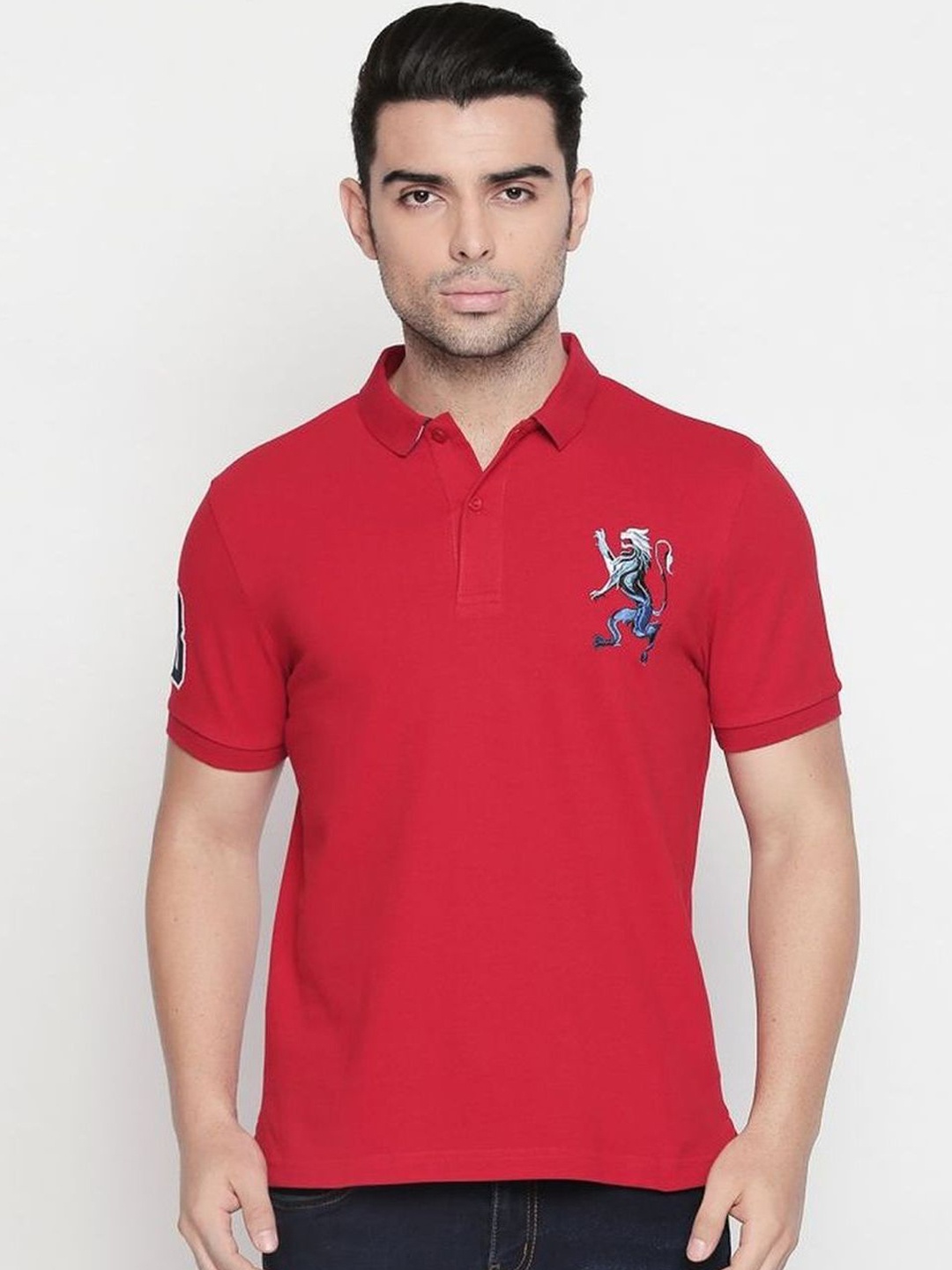 

GIORDANO Men Red Solid Polo Collar Pure Cotton T-shirt