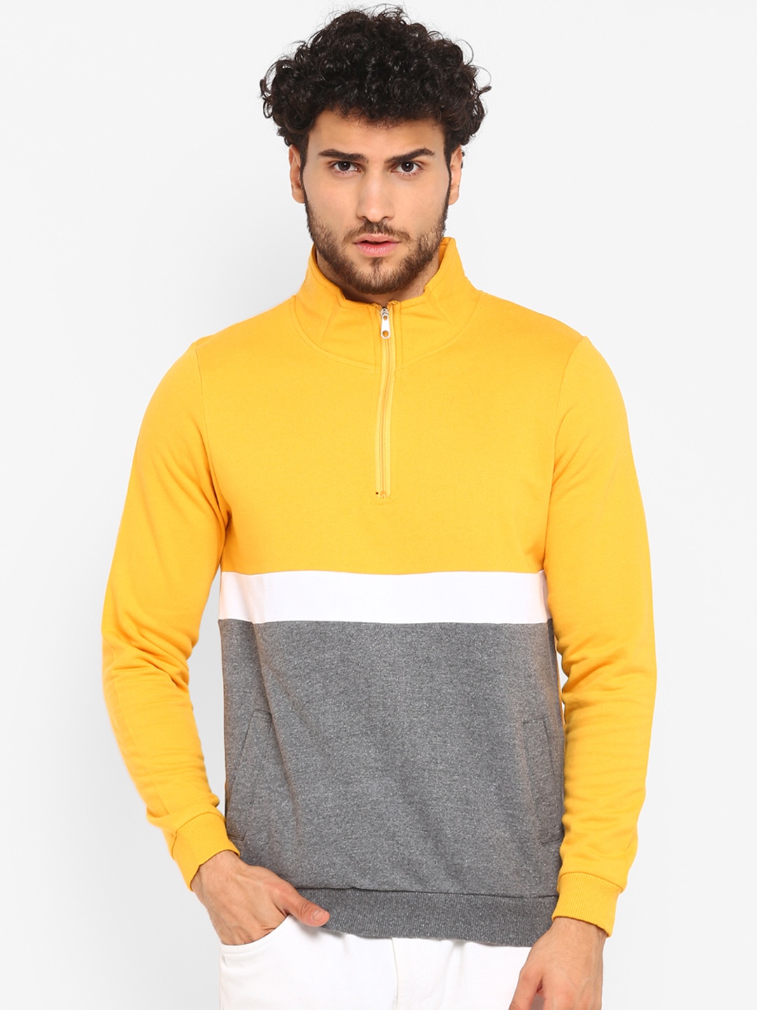 

Urbano Fashion Men Colourblocked Slim Fit Cotton Half Zippered Sweatshirt, Yellow
