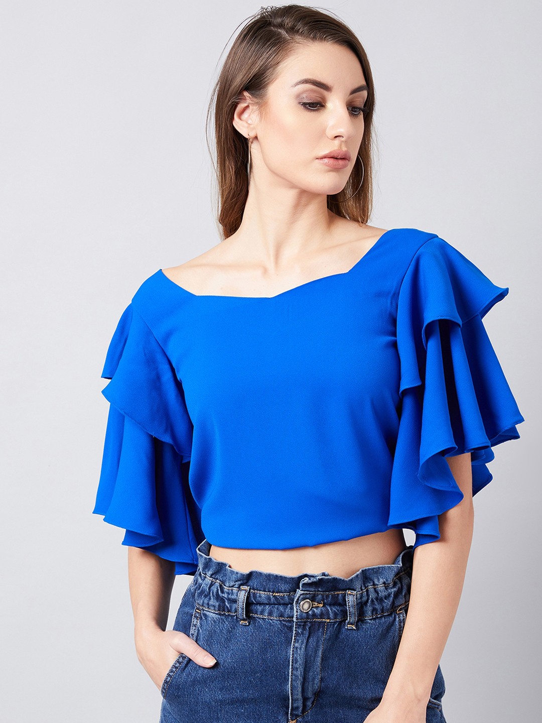

Athena Women Blue Solid Crop Top with Flutter Sleeves