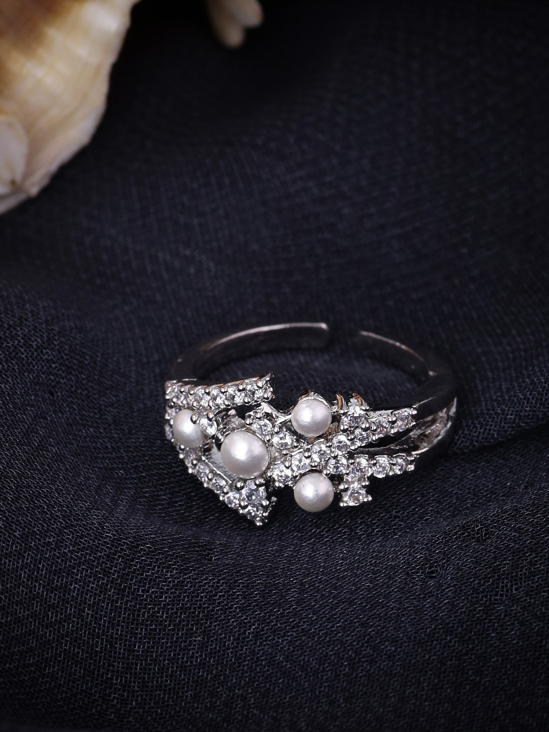 

Voylla Women Silver-Plated & White CZ-Studded Handcrafted Finger Ring