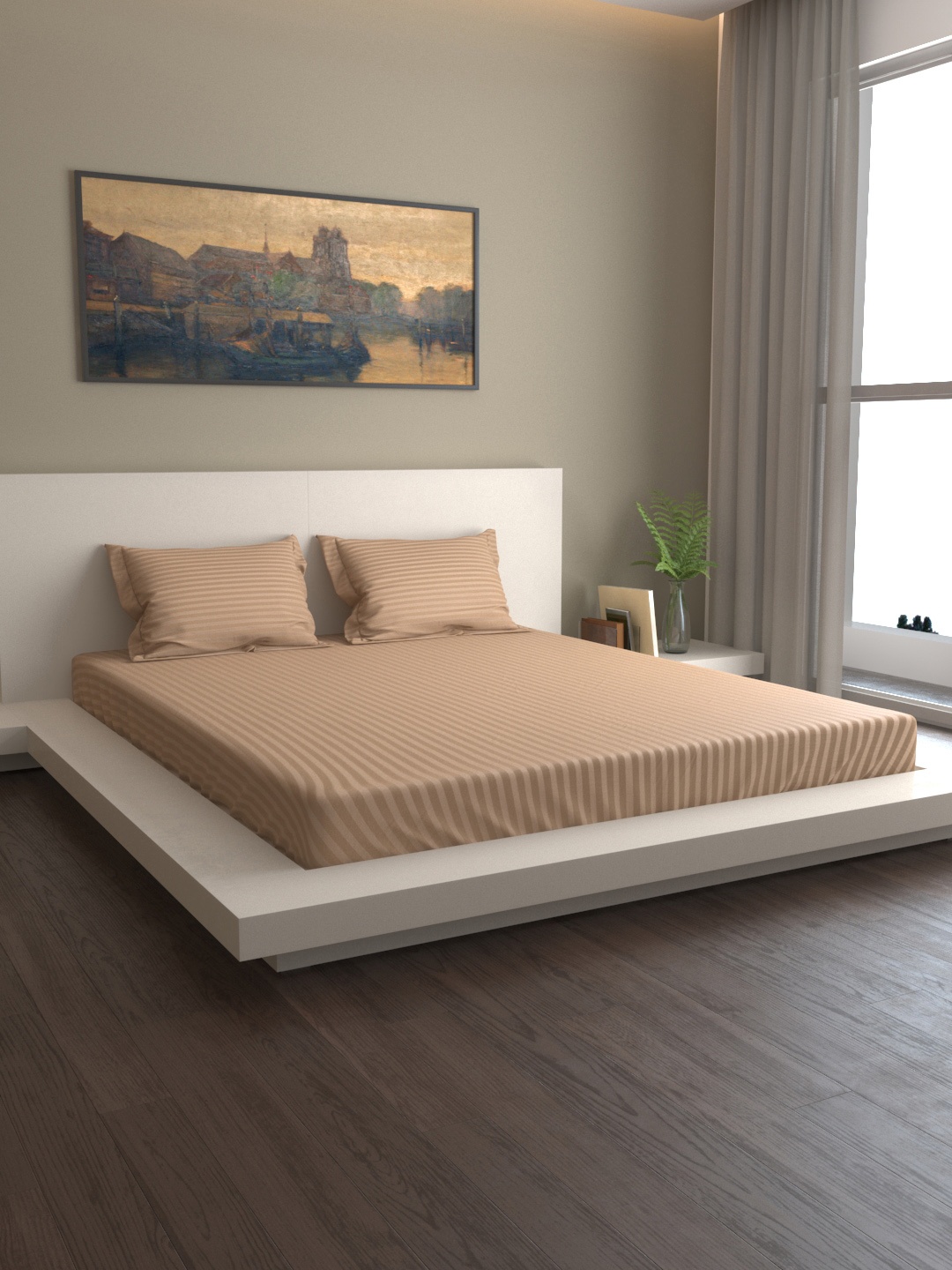 

MARK HOME Beige Striped 400 TC Cotton 1 King Bedsheet with 2 Pillow Covers