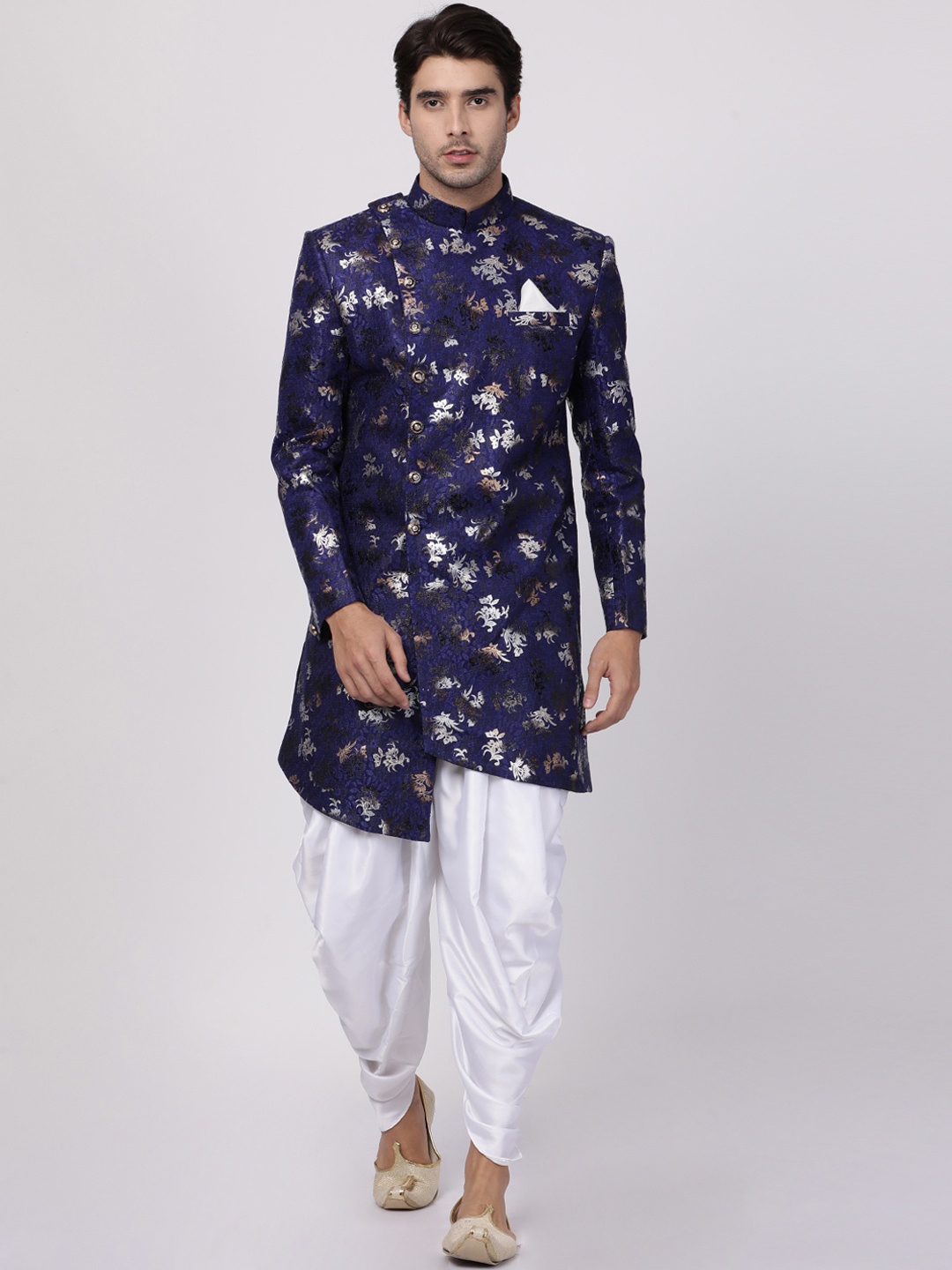 

VASTRAMAY Men Royal Blue & White Floral Printed Sherwani With Dhoti Pant Set