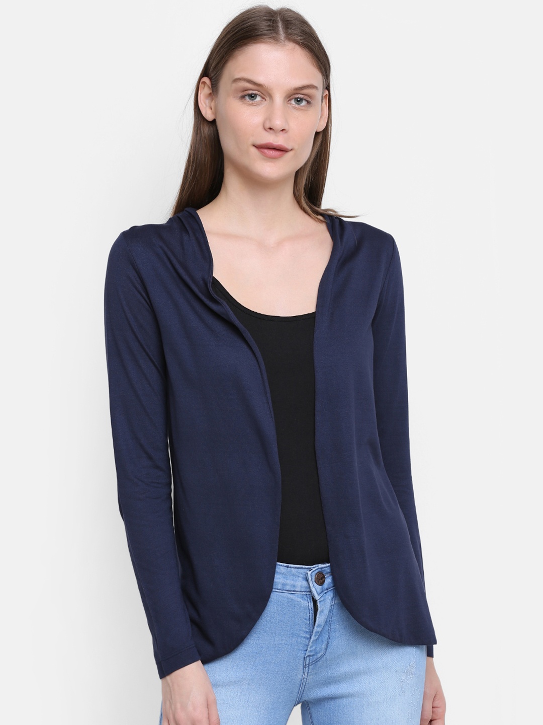 Rute Women Navy Blue Solid Open Front Shrug
