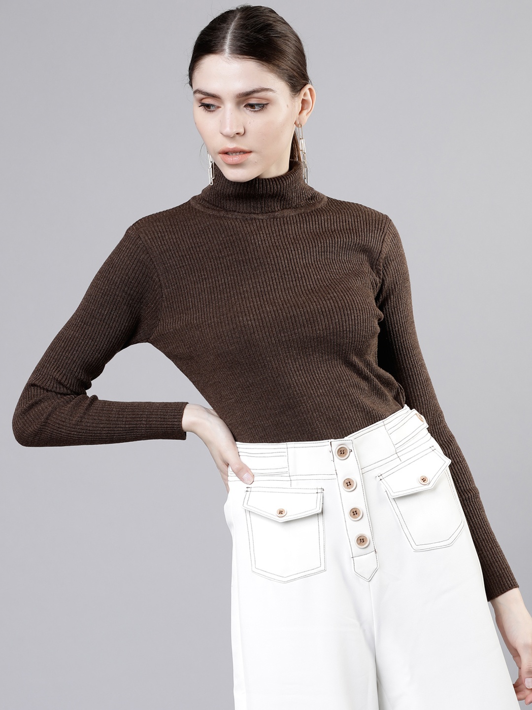 

Tokyo Talkies Women Brown Ribbed Pullover