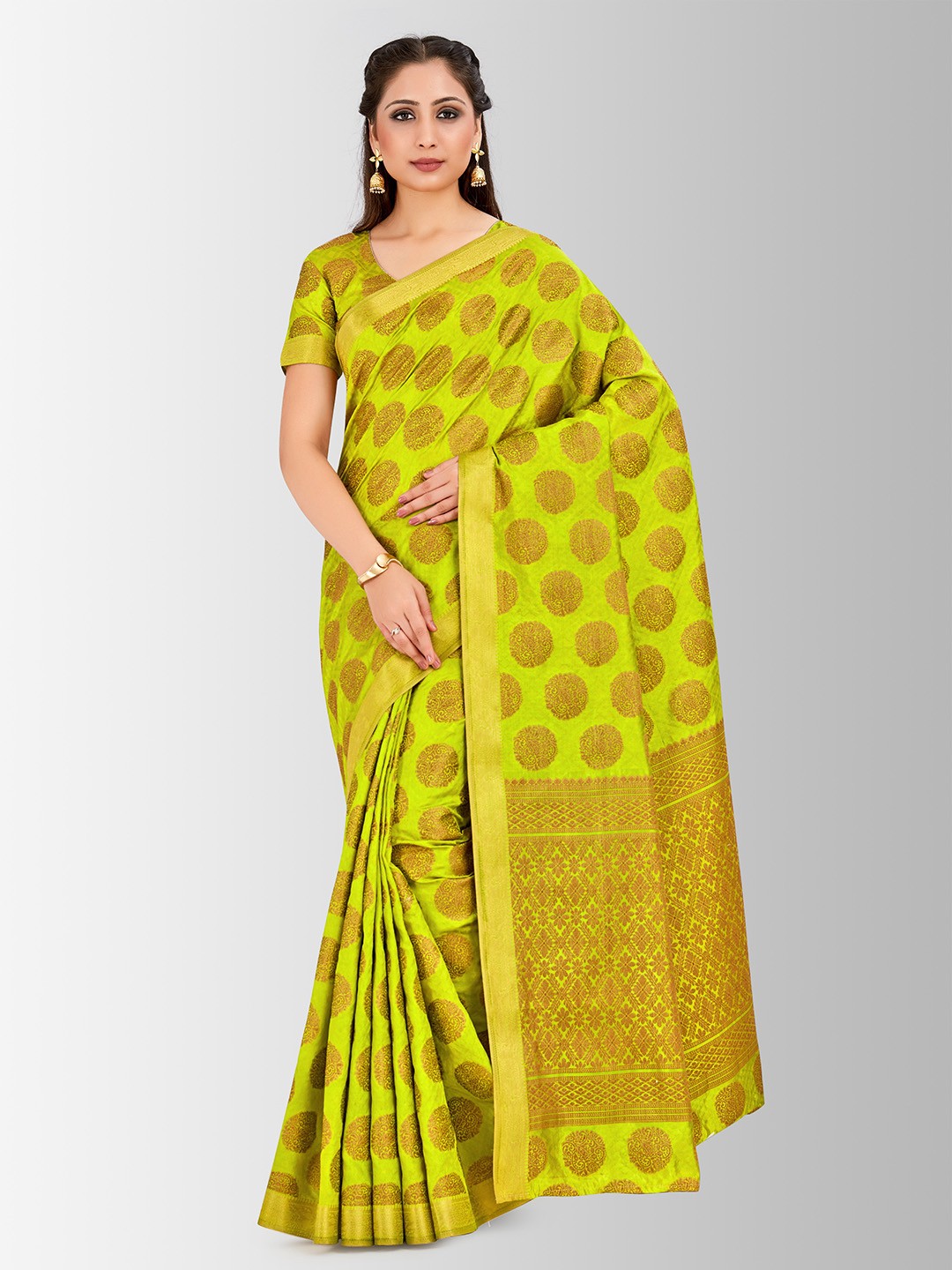 

MIMOSA Lime Green & Beige Art Silk Woven Design Kanjeevaram Saree